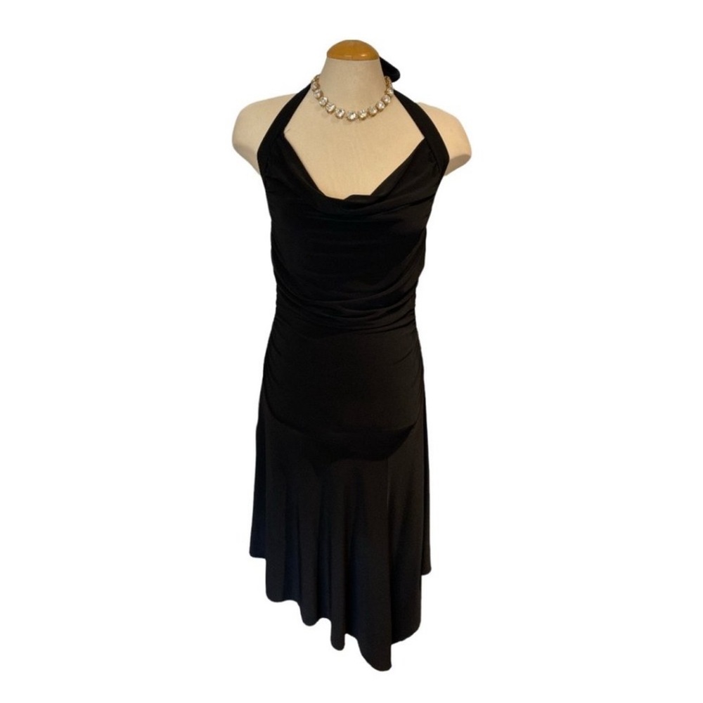 Cowl Neckline Black Backless Asymmetrical Ruched Stretchy Halter Dress